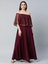 Burgundy & Gold Net Printed Dress-AHDRNTFP-924