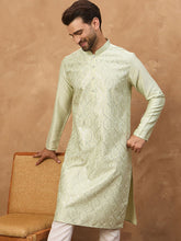 Ethnic Bay Men Peach Silk Blend Solid Embroidered Straight Kurta With Pant Set-MKSET1445