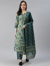 Women Green Rayon Blend Printed Straight Kurta Pant Set With Dupatta