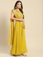 Long flare dress with dupatta drape in Yellow