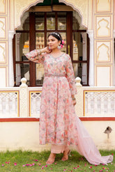 Women White Organza Floral Print & Embroidered Anarkali Kurta, Pant & Dupatta set