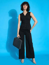 Women Black Sleeveless Zipper Peplum Top With Straight Fit Trousers