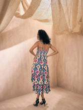 Women Pink Ikat Print Frill Strappy Midi Dress