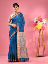 Sapphire Blue Cotton Blend Handwoven Saree With Jute Weaving Pallu-MA51BCT431930036