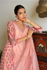 Women Orange Chanderi Block Printed Embroidered Kurta Set With Solid Pants & Dupatta-136-Vaas-Orange