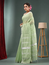 Sage Green Cotton Blend Handwoven Saree With Zari Border-MA50BCT40500138