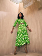 Women Green Leaf Front Button High Low Tiered Midi Dress