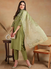 Women Olive Silk Blend Embroidered Straight Kurta Pant Set