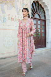 Women Peach Muslin Embroidered Kurta Pant & Dupatta Set