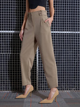 Women Beige Front Button Paperback Waist Pants