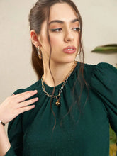 Women Teal Dobby Puff Sleeves Regular Top