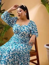 Women Turquoise Tropical Hem Tiered Midi Dress