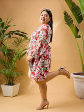 Women Red Floral Sweetheart Neck Skater Dress