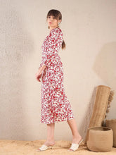 Women Red Floral Sweetheart Neck Midi Dress