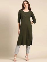 Women's Olive Embroidered Straight Kurta-DF-7063-Olive