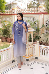 Women Blue Tabby Slik Print & Embroidered Kurta, Pant & Dupatta Set