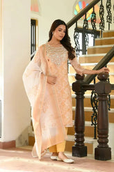 Women Mustard Tissue Linen Embroidered Solid Kurta Set With Solid Pants & Printed Dupatta-143-Vaas-Mustard