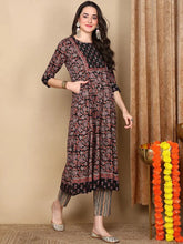 Women Beige Cotton Printed Anarkali Kurta Pant Set