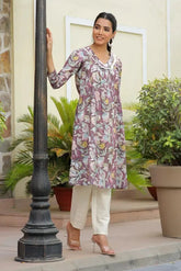 Women Cream Printed Kurta Set With Solid Pants-145-Vaas-Brown