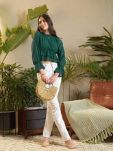 Women Teal Dobby Layered Hem Peplum Top