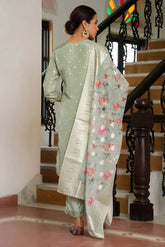 Women Aqua Tissue Brocade Embroidered Kurta With Scalloped Pant & Dupatta-129-Vaas-Aqua