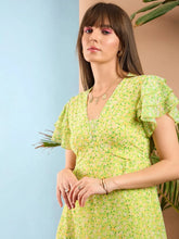 Women Lime Yellow Ditsy Floral Flared Sleeve Midi Dress