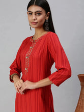 Women's Red Striped Straight Kurta-HO386-Red