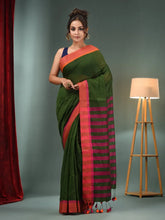 Green Cotton Blend Handwoven Saree With Stripes Pallu-MA50BCT06550044