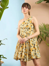 Women Yellow Floral Organza One Shoulder Dress