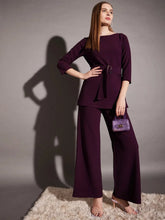 Boat Neck Coord Set with belt in Purple Color