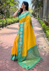 Womens Fashion Ethnic Kanjeevaram Yellow Color Sarees-MLSHWSA2020YLW