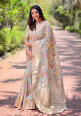 Womens Fashion Ethnic Kanjeevaram Beige Color Sarees-MLSHWSA1969BEI