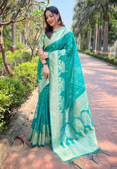 Womens Fashion Ethnic Kanjeevaram Sea Green Color Sarees-MLSHWSA1977SGR