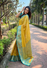Womens Fashion Ethnic Kanjeevaram Yellow Color Sarees-MLSHWSA1947YLW