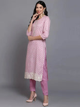 Women Pink Rayon Printed Straight Kurta Pant Set