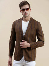 Men Brown Striped Casual Blazer-SOBLZ-022-7-Brown