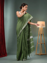 Sap Green Cotton Blend Handwoven Saree With Zari Border-MA50BCT40500132