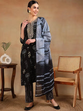 Women Black Cotton Blend Yoke Design Straight Kurta Pant Set