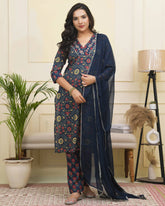 Women Navy Cotton kurta with cotton pant & dupatta-189VAASNAVY