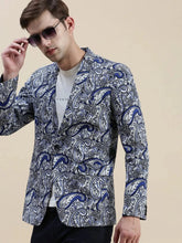 Men Blue Printed Notched Lapel Blazer-SOBLZ-70-01-Blue