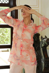 Vaasva Women Marble Print Embroidered Shirt With Solid Pants.-131-Vaas-Orange