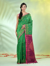 Green Cotton Saree With Zari Borders-MA64BCT401190049