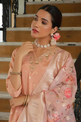 Women Peach Tissue Brocade Embroidered Kurta With Scalloped Pant & Dupatta-129-Vaas-Peach