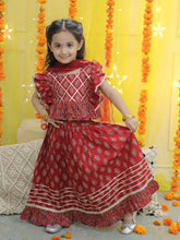 Girls Pure Cotton Printed Ruffle Top Lehenga with Dupatta- Red