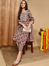 Women Maroon Cotton Blend Embroidered Straight Kurta Pant Set-VKSKD2191
