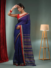 Blue Silk Linen Handwoven Saree With Temple Border-MA50SLN061100095