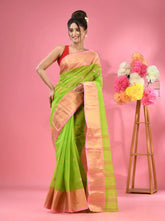 Parrot Green Pure Cotton Tant Saree With Zari Border-MA51TT43540044