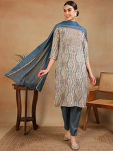 Women Grey Cotton Blend Embroidered Straight Kurta Pant Set