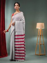 Grey Cotton Blend Handwoven Saree With Stripes Pallu-MA50BCT06550047