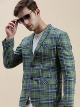 Men Green Checked Notched Lapel Blazer-SOBLZ-022-1-Green